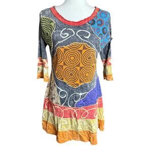 RISING INTERNATIONAL Dress Medium 3/4 Sleeve Boho Patchwork Embroidered Hippie